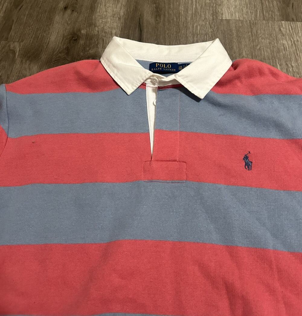 Polo Ralph Lauren Mens 2XL Striped Fleece Rugby Shirt Coral Pink Blue Casual